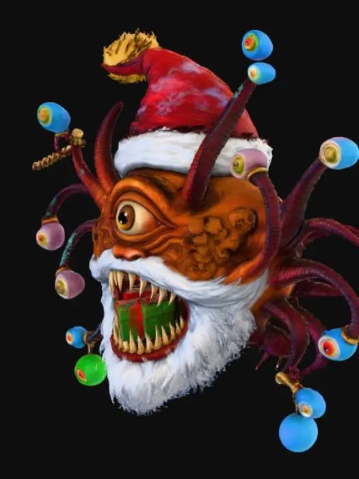 3D model for MAke this creature have a santa hat and a santa beard with a present in its mouth