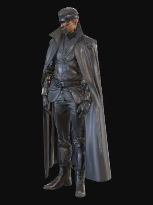 3D model for A cyberpunk noir police investigator with a dark mantle and an augmented body