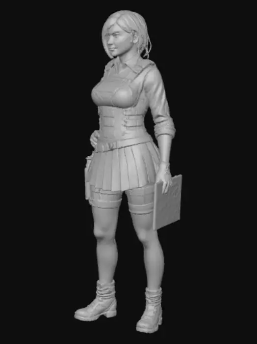 3D model for A cybernoir female investigator. Wearing a vest wirh shirt, a short skirt, stockings, gloves and boots. She has a holstered pistol on the side of her west like an FBI Agent.