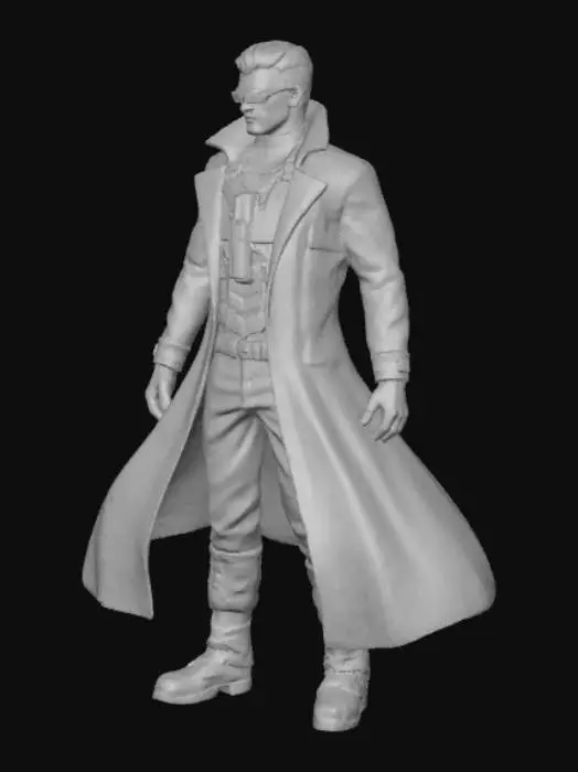 3D model for A cybernoir male secret agent. Silenced pistol in a breast holster. Long mantle