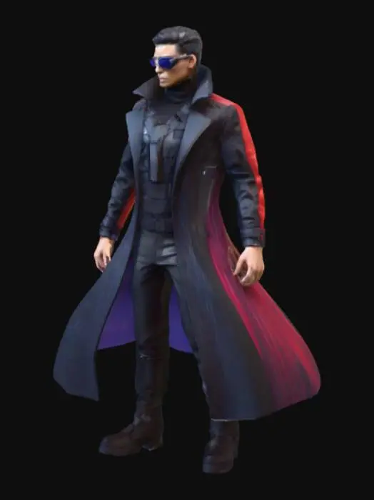 3D model for A cybernoir male secret agent. Silenced pistol in a breast holster. Long mantle