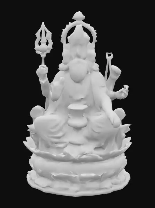 3D model for Lord Brahma, Hindu creator deity, four faces looking in cardinal directions, seated on a lotus throne, four arms holding a scepter, water pot, Vedas, and prayer beads, wearing golden robes with intricate embroidery, serene expression, hyper-realistic style, ultra-detailed textures, high-poly mesh