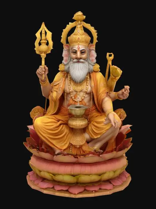 3D model for Lord Brahma, Hindu creator deity, four faces looking in cardinal directions, seated on a lotus throne, four arms holding a scepter, water pot, Vedas, and prayer beads, wearing golden robes with intricate embroidery, serene expression, hyper-realistic style, ultra-detailed textures, high-poly mesh