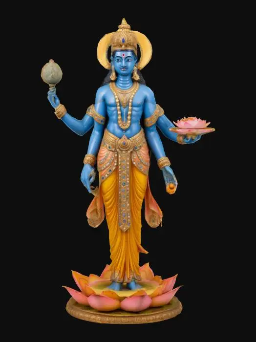 3D model for Lord Vishnu, the Hindu preserver deity, standing majestically on a lotus base. He has a striking blue skin tone and four arms, each holding one of his iconic items: a conch (shankha), a discus (Sudarshana Chakra), a mace (gada), and a lotus flower. He wears a golden crown adorned with intricate designs and ornate jewelry, including necklaces, armlets, and earrings. His body is draped in flowing yellow silk robes with detailed folds and textures. His expression is serene and divine, exuding calm and wisdom. The model is hyper-realistic, featuring ultra-detailed textures for skin, fabric, and accessories, crafted as a high-poly mesh suitable for a game inspired by Indian mythology.