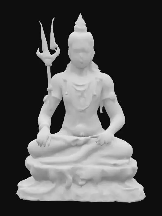 3D model for Lord Shiva, Hindu destroyer deity, seated in a meditative pose on a tiger skin rug. Blue skin with subtle veins, muscle definition, and ash covering. Third eye on forehead, slightly open. Matted hair with a crescent moon and the Ganges river flowing from it. Coiled snake around neck, with realistic scales. Rudraksha bead necklace and earrings. Trident in one hand, damaru in another, both with intricate engravings. Tiger skin loincloth with realistic fur texture. Serene expression, eyes half-closed. Hyper-realistic style, ultra-detailed textures, high-poly mesh.