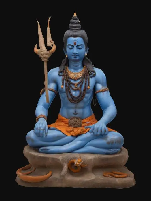 3D model for Lord Shiva, Hindu destroyer deity, seated in a meditative pose on a tiger skin rug. Blue skin with subtle veins, muscle definition, and ash covering. Third eye on forehead, slightly open. Matted hair with a crescent moon and the Ganges river flowing from it. Coiled snake around neck, with realistic scales. Rudraksha bead necklace and earrings. Trident in one hand, damaru in another, both with intricate engravings. Tiger skin loincloth with realistic fur texture. Serene expression, eyes half-closed. Hyper-realistic style, ultra-detailed textures, high-poly mesh.
