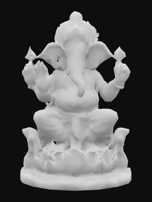 3D model for Lord Ganesha photorealistic elephant head human body, intricate skin texture wrinkles pores, realistic elephant trunk curved tusks, four arms anatomically correct, golden jewelry detailed engravings, silk dhoti fabric simulation, lotus throne carved marble base, dramatic studio lighting subsurface scattering, 8K resolution ultra-detailed, cinematic quality