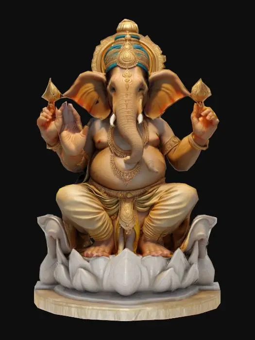 3D model for Lord Ganesha photorealistic elephant head human body, intricate skin texture wrinkles pores, realistic elephant trunk curved tusks, four arms anatomically correct, golden jewelry detailed engravings, silk dhoti fabric simulation, lotus throne carved marble base, dramatic studio lighting subsurface scattering, 8K resolution ultra-detailed, cinematic quality