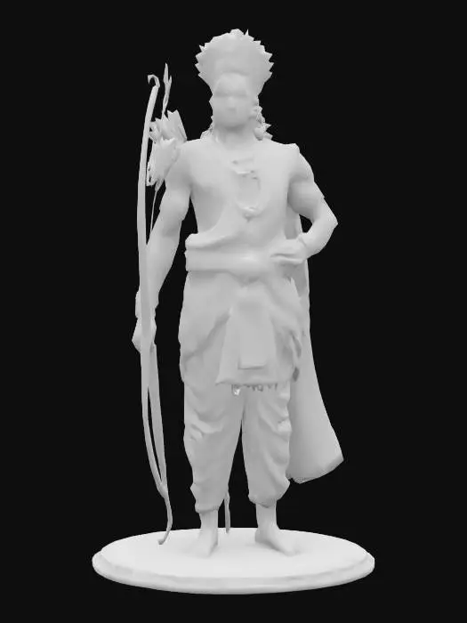 3D model for Create a hyper-realistic 3D model of Lord Rama, Hindu deity, standing confidently with his wooden bow, Kodanda, and a metal-tipped arrow. He wears silk royal attire with gold embroidery, a golden crown, and ornate jewelry. His muscular, graceful physique and serene expression reflect divinity. The model features ultra-detailed textures—lifelike skin, realistic fabric folds, intricate metalwork—and a high-poly mesh for maximum realism.