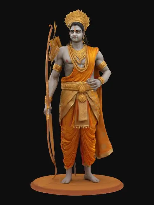 3D model for Create a hyper-realistic 3D model of Lord Rama, Hindu deity, standing confidently with his wooden bow, Kodanda, and a metal-tipped arrow. He wears silk royal attire with gold embroidery, a golden crown, and ornate jewelry. His muscular, graceful physique and serene expression reflect divinity. The model features ultra-detailed textures—lifelike skin, realistic fabric folds, intricate metalwork—and a high-poly mesh for maximum realism.