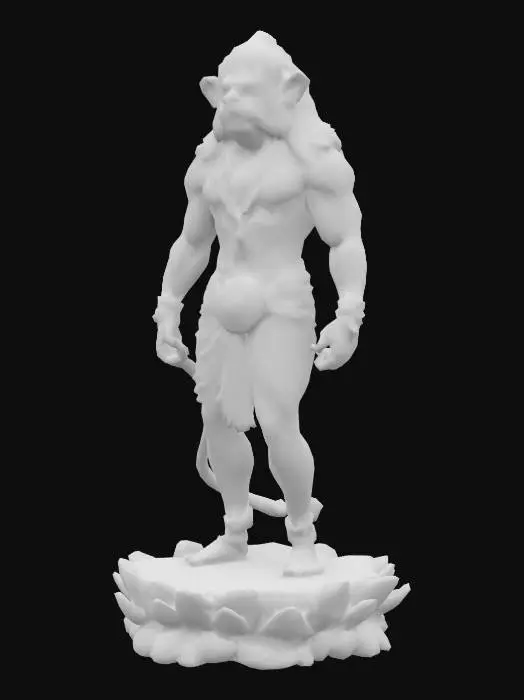 3D model for Hyper-realistic 3D model masterpiece of Lord Hanuman in a confident hero stance—left foot on lotus-petal base, right on rock, chest thrust, head tilted upward. Right hand grips gada (traditional Indian mace); left hand on hip. Sculpt anatomically balanced simian muscles and expressive facial features with deep brow furrows. Create a closed, watertight quad mesh (~3 M tris) with micro-sculpt detail: fine fur, linen-weave dhoti pleats, engraved gold relief on crown, armlets, anklets, gada. Include hollow interior with uniform wall thickness, bilateral symmetry, clean edge loops, print-ready UVs. Polish finishes: marble skin, satin cloth, high-res jewelry relief.