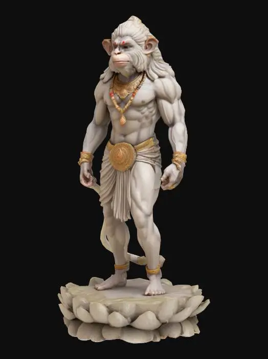 3D model for Hyper-realistic 3D model masterpiece of Lord Hanuman in a confident hero stance—left foot on lotus-petal base, right on rock, chest thrust, head tilted upward. Right hand grips gada (traditional Indian mace); left hand on hip. Sculpt anatomically balanced simian muscles and expressive facial features with deep brow furrows. Create a closed, watertight quad mesh (~3 M tris) with micro-sculpt detail: fine fur, linen-weave dhoti pleats, engraved gold relief on crown, armlets, anklets, gada. Include hollow interior with uniform wall thickness, bilateral symmetry, clean edge loops, print-ready UVs. Polish finishes: marble skin, satin cloth, high-res jewelry relief.