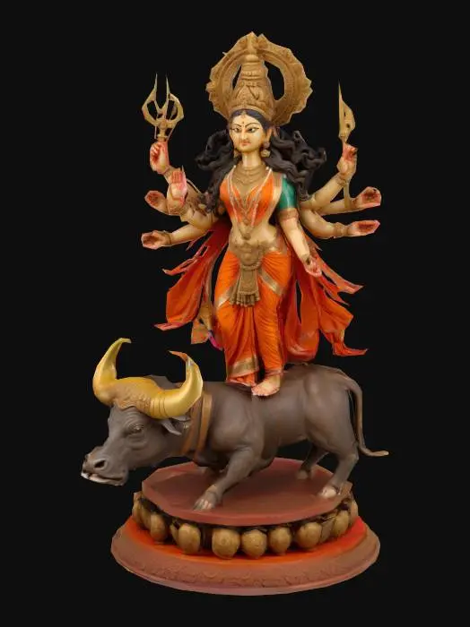 3D model for Hyper-detailed sculpture of Goddess Durga as Mahishasuramardini, standing atop a defeated demon buffalo in dynamic balance. Eight anatomically accurate arms in radial symmetry, each holding traditional weapons—chakra, trident, conch, sword, bow, bell. Flowing saree with layered drapes and deep relief carving. Graceful, divine facial features with serene strength. Lotus-petal pedestal with engraved Sanskrit mantra band. 5M+ polycount, clean quad mesh, modular arms, watertight and UV-ready. Include jewelry with normal-map-ready filigree and high-res ornamental detail.