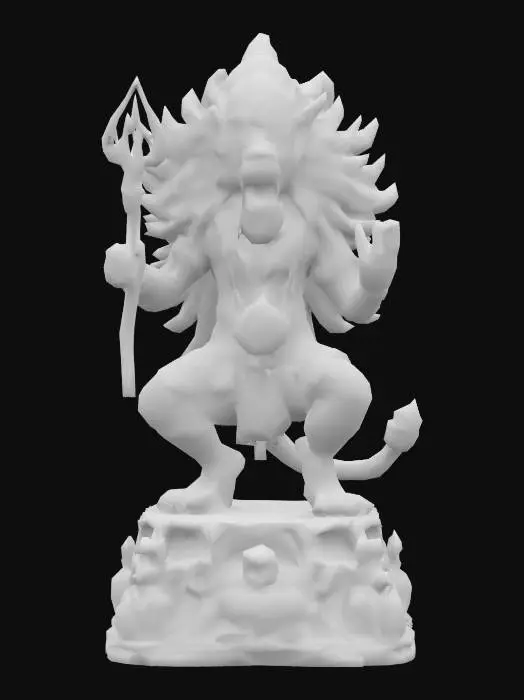 3D model for Hyper-detailed Narasimha Avatar mid-roar atop demon Hiranyakashipu. Anthropomorphic lion with broad chest, defined abs, flowing mane, deep-set eyes, flared nostrils, sharp fangs. Four muscular arms hold chakra, conch, gada, and display abhaya mudra in radial symmetry. Draped dhoti with pleated folds, wind-swept sash, ornate jewelry with lotus motifs. Lotus pedestal with mandala band. 6M+ tris, clean quad mesh, watertight, UV-ready, modular arms. Include micro-sculpt fur, claw detail, and normal-map-ready carvings.