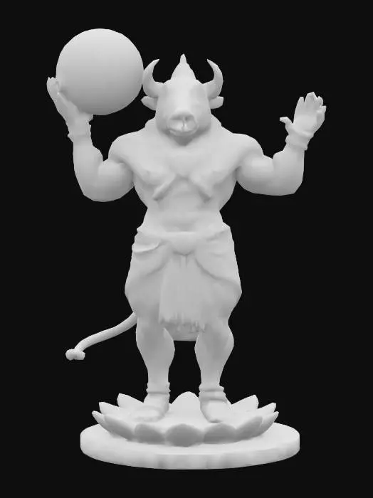 3D model for Hyper-detailed standing Varaha Avatar sculpture—divine boar-headed humanoid lifting the Earth globe (Bhudevi) delicately balanced on his upward-curved tusks. Strong, muscular physique with broad chest, detailed abs, and clawed hands. Fierce boar face with flared nostrils, bristled mane, and deep-set divine eyes. Draped dhoti with pleated folds, silk sash flowing, ornate jewelry with floral motifs. Lotus-petal pedestal base. ~5M+ tris, clean quad mesh, watertight, UV-ready. Include micro-fur texture, tusk detail, and normal-map-ready carvings on globe and ornaments.