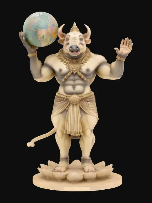 3D model for Hyper-detailed standing Varaha Avatar sculpture—divine boar-headed humanoid lifting the Earth globe (Bhudevi) delicately balanced on his upward-curved tusks. Strong, muscular physique with broad chest, detailed abs, and clawed hands. Fierce boar face with flared nostrils, bristled mane, and deep-set divine eyes. Draped dhoti with pleated folds, silk sash flowing, ornate jewelry with floral motifs. Lotus-petal pedestal base. ~5M+ tris, clean quad mesh, watertight, UV-ready. Include micro-fur texture, tusk detail, and normal-map-ready carvings on globe and ornaments.