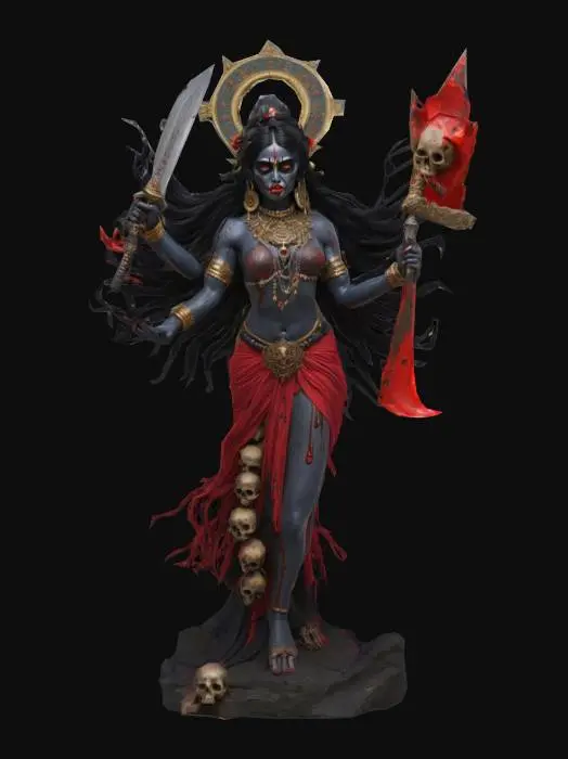 3D model for Ma Kali, Goddess of Time, Death, and Destruction, in a dynamic pose with one foot raised. Dark, almost black skin with a subtle divine glow. Wild, flowing black hair. Fierce expression with piercing eyes and protruding tongue. Wears a skirt of severed arms and a garland of skulls. Four arms: two wielding a bloody sword and severed head, others in blessing mudras.
High-poly mesh for intricate details.
Ultra-realistic PBR textures for skin, metal, and fabric.
Subsurface scattering for lifelike skin.
Dynamic lighting to emphasize her divine and fearsome nature.
Style: Hyper-realistic, culturally respectful.