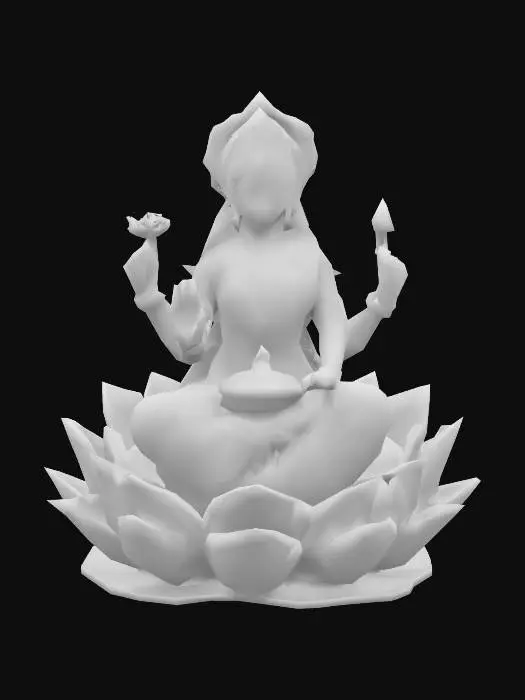 3D model for Create a hyper-realistic 3D model of Goddess Lakshmi, seated gracefully on a fully bloomed lotus flower with intricately detailed petals. She has a golden skin tone with a subtle divine glow, almond-shaped eyes, and a serene, benevolent expression. Her four arms hold: a lotus flower (upper left), a pot of gold (lower left), a gesture of blessing (upper right), and a gesture of protection (lower right). She wears a red silk sari with ornate gold embroidery, adorned with reflective gemstones. Her jewelry includes a golden crown, necklaces, armlets, and anklets, all with intricate designs and a polished metallic sheen. The model features ultra-detailed textures for skin, fabric, and metals, with a high-poly mesh for maximum realism. Soft, warm lighting highlights her divine presence.