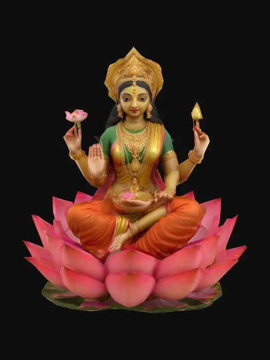3D model for Create a hyper-realistic 3D model of Goddess Lakshmi, seated gracefully on a fully bloomed lotus flower with intricately detailed petals. She has a golden skin tone with a subtle divine glow, almond-shaped eyes, and a serene, benevolent expression. Her four arms hold: a lotus flower (upper left), a pot of gold (lower left), a gesture of blessing (upper right), and a gesture of protection (lower right). She wears a red silk sari with ornate gold embroidery, adorned with reflective gemstones. Her jewelry includes a golden crown, necklaces, armlets, and anklets, all with intricate designs and a polished metallic sheen. The model features ultra-detailed textures for skin, fabric, and metals, with a high-poly mesh for maximum realism. Soft, warm lighting highlights her divine presence.