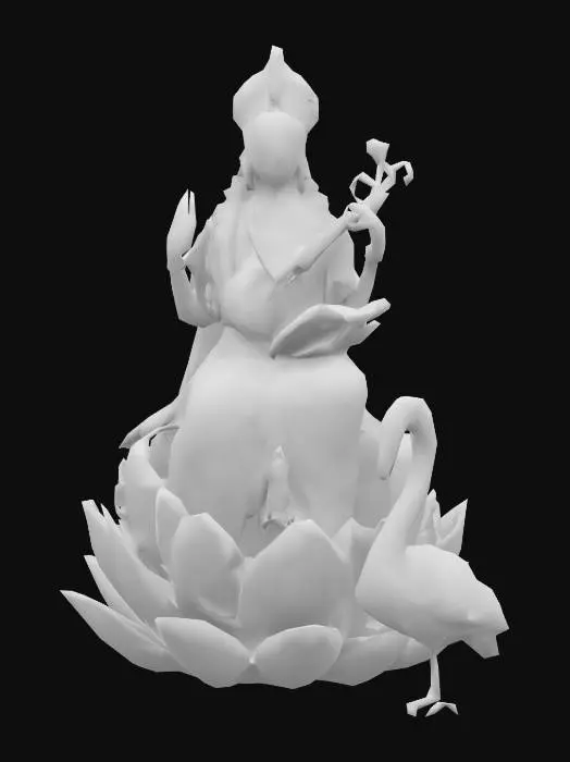3D model for Hyper-realistic 3D model of Goddess Saraswati, seated gracefully on a blooming white lotus with intricately detailed petals and water droplets. Her fair skin has a subtle divine glow, her serene expression exudes wisdom. She wears a flowing white silk sari with delicate gold embroidery, draped elegantly with realistic fabric folds. Her four arms hold: a veena with ultra-detailed wood grain and strings, a book with textured pages, a crystal rosary, and one hand in a blessing gesture. A majestic white swan stands beside her, its feathers ultra-realistic with individual strands. She wears simple yet ornate gold jewelry. Ultra-detailed textures for skin, fabric, feathers, and metals, high-poly mesh for maximum realism. Soft, warm lighting highlights her divine presence, harmonious composition.
