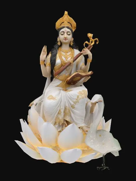 3D model for Hyper-realistic 3D model of Goddess Saraswati, seated gracefully on a blooming white lotus with intricately detailed petals and water droplets. Her fair skin has a subtle divine glow, her serene expression exudes wisdom. She wears a flowing white silk sari with delicate gold embroidery, draped elegantly with realistic fabric folds. Her four arms hold: a veena with ultra-detailed wood grain and strings, a book with textured pages, a crystal rosary, and one hand in a blessing gesture. A majestic white swan stands beside her, its feathers ultra-realistic with individual strands. She wears simple yet ornate gold jewelry. Ultra-detailed textures for skin, fabric, feathers, and metals, high-poly mesh for maximum realism. Soft, warm lighting highlights her divine presence, harmonious composition.