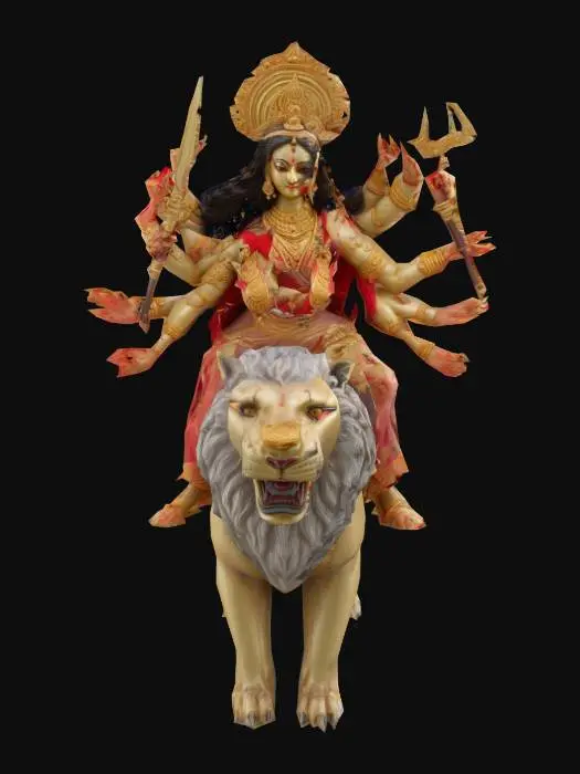 3D model for Goddess Durga, Hindu warrior deity, in a dynamic battle pose astride her majestic lion. She has ten arms, each holding a distinct weapon or symbol (e.g., trident, sword, conch, lotus). Her fierce yet serene expression features a third eye on her forehead. She wears a red silk sari with intricate gold embroidery and ornate golden jewelry. The lion has a muscular build, detailed mane, and piercing eyes. Ultra-detailed PBR textures for skin, fabric, metal, and fur. High-poly mesh for realism. Soft divine light and a subtle ethereal glow from her weapons enhance her aura.