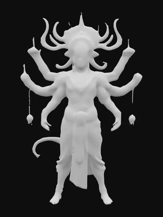 3D model for Full-body high-poly 3D character model of Ravana, ten-headed demon king in a dynamic contrapposto battle stance. Heads form a regal arc, each with a distinct expression—fury, cunning, arrogance, wisdom. Twenty arms radiate gracefully, each brandishing a unique prop: curved sword, flaming trident, veena, war-axe, bow, ancient scroll. Sculpt dark, scarred skin with taut muscle definition and subtle veins under the surface. Adorn with layered golden armor etched with rakshasa motifs—add battle‑worn dents and chipped edges—flowing dhoti and silk sashes with gold-thread highlights. Towering ruby-studded crown with small embedded gems. Clean quad mesh (~6M tris), watertight, UV-ready, PBR-ready. Emphasize dramatic silhouette, etched filigree, and micro-detail on metal, fabric, and skin
