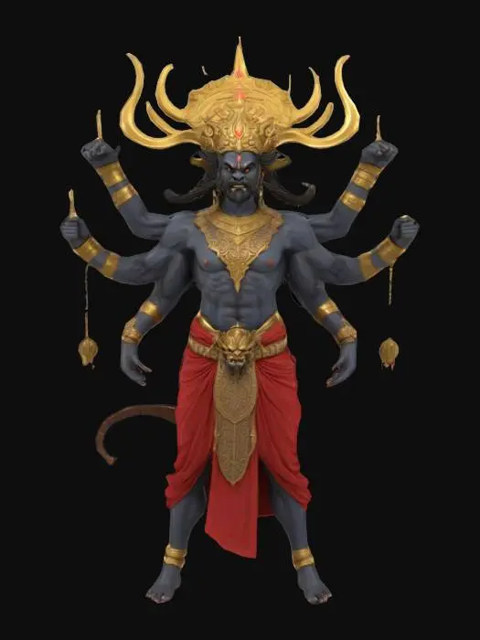 3D model for Full-body high-poly 3D character model of Ravana, ten-headed demon king in a dynamic contrapposto battle stance. Heads form a regal arc, each with a distinct expression—fury, cunning, arrogance, wisdom. Twenty arms radiate gracefully, each brandishing a unique prop: curved sword, flaming trident, veena, war-axe, bow, ancient scroll. Sculpt dark, scarred skin with taut muscle definition and subtle veins under the surface. Adorn with layered golden armor etched with rakshasa motifs—add battle‑worn dents and chipped edges—flowing dhoti and silk sashes with gold-thread highlights. Towering ruby-studded crown with small embedded gems. Clean quad mesh (~6M tris), watertight, UV-ready, PBR-ready. Emphasize dramatic silhouette, etched filigree, and micro-detail on metal, fabric, and skin