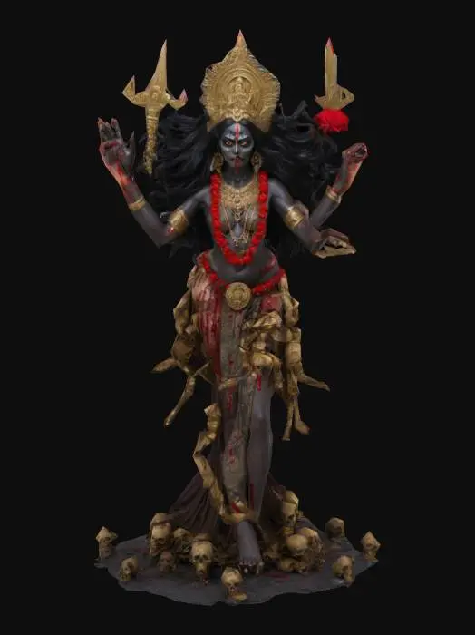 3D model for Ma Kali, Goddess of Time, Death, and Destruction, in a dynamic pose with one foot raised. Dark, almost black skin with a subtle divine glow. Wild, flowing black hair. Fierce expression with piercing eyes and protruding tongue. Wears a skirt of severed arms and a garland of skulls. Four arms: two wielding a bloody sword and severed head, others in blessing mudras.
High-poly mesh for intricate details.
Ultra-realistic PBR textures for skin, metal, and fabric.
Subsurface scattering for lifelike skin.
Dynamic lighting to emphasize her divine and fearsome nature.
Style: Hyper-realistic, culturally respectful.