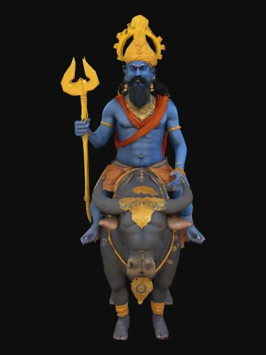 3D model for Create a hyper-realistic 3D model of Lord Yamaraj, the Hindu God of Death, with dark blue skin, a muscular build, a stern expression, a thick mustache, and hair tied in a topknot. He wears a golden crown and a traditional dhoti with intricate patterns. He holds the Yama Danda (staff) in one hand and the Pasha (noose) in the other. His eyes glow with a divine light, and he is surrounded by a subtle aura. He is seated on a majestic black buffalo, his divine mount, which has detailed fur and an ornate saddle with golden trims and gemstones. The model should feature ultra-detailed PBR textures, a high-poly mesh, and dramatic lighting with a strong key light from the side to enhance realism.