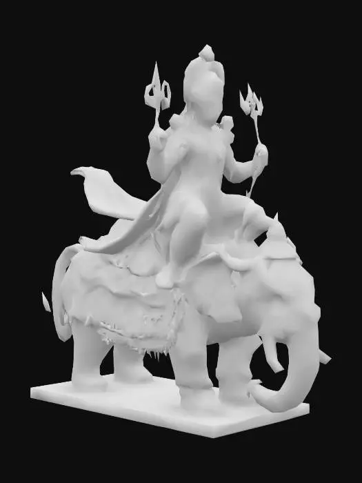 3D model for Create a hyper-realistic 3D model of Lord Indra, the Hindu King of the Devas and God of Weather, Lightning, Thunder, Storms, and Rain. He has golden skin, a muscular build, and a regal expression. He wears ornate golden armor with intricate designs and a flowing cape. In one hand, he holds the Vajra, a lightning bolt weapon with a metallic sheen. He is seated on his divine mount, Airavata, a majestic white elephant with multiple trunks and ornate decorations. The model features ultra-detailed PBR textures for skin, fabric, metal, and elephant hide. High-poly mesh for maximum realism. Dramatic lighting with a stormy sky background enhances his divine presence.