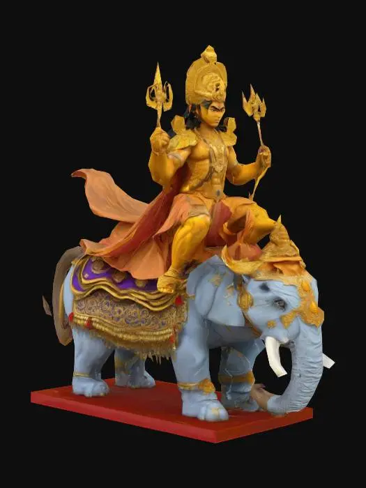 3D model for Create a hyper-realistic 3D model of Lord Indra, the Hindu King of the Devas and God of Weather, Lightning, Thunder, Storms, and Rain. He has golden skin, a muscular build, and a regal expression. He wears ornate golden armor with intricate designs and a flowing cape. In one hand, he holds the Vajra, a lightning bolt weapon with a metallic sheen. He is seated on his divine mount, Airavata, a majestic white elephant with multiple trunks and ornate decorations. The model features ultra-detailed PBR textures for skin, fabric, metal, and elephant hide. High-poly mesh for maximum realism. Dramatic lighting with a stormy sky background enhances his divine presence.