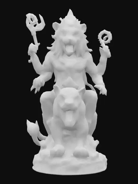 3D model for Hyper-detailed Narasimha Avatar mid-roar atop demon Hiranyakashipu. Anthropomorphic lion with broad chest, defined abs, flowing mane, deep-set eyes, flared nostrils, sharp fangs. Four muscular arms hold chakra, conch, gada, and display abhaya mudra in radial symmetry. Draped dhoti with pleated folds, wind-swept sash, ornate jewelry with lotus motifs. Lotus pedestal with mandala band. 6M+ tris, clean quad mesh, watertight, UV-ready, modular arms. Include micro-sculpt fur, claw detail, and normal-map-ready carvings.