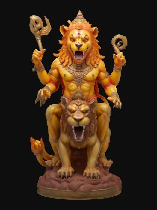 3D model for Hyper-detailed Narasimha Avatar mid-roar atop demon Hiranyakashipu. Anthropomorphic lion with broad chest, defined abs, flowing mane, deep-set eyes, flared nostrils, sharp fangs. Four muscular arms hold chakra, conch, gada, and display abhaya mudra in radial symmetry. Draped dhoti with pleated folds, wind-swept sash, ornate jewelry with lotus motifs. Lotus pedestal with mandala band. 6M+ tris, clean quad mesh, watertight, UV-ready, modular arms. Include micro-sculpt fur, claw detail, and normal-map-ready carvings.
