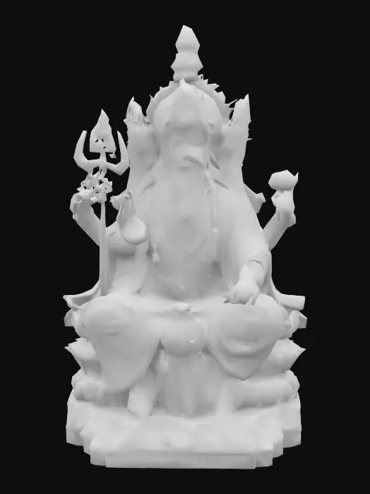 3D model for Lord Brahma, Hindu creator deity, four faces looking in cardinal directions, seated on a lotus throne, four arms holding a scepter, water pot, Vedas, and prayer beads, wearing golden robes with intricate embroidery, serene expression, hyper-realistic style, ultra-detailed textures, high-poly mesh