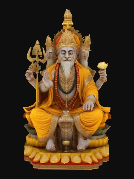 3D model for Lord Brahma, Hindu creator deity, four faces looking in cardinal directions, seated on a lotus throne, four arms holding a scepter, water pot, Vedas, and prayer beads, wearing golden robes with intricate embroidery, serene expression, hyper-realistic style, ultra-detailed textures, high-poly mesh