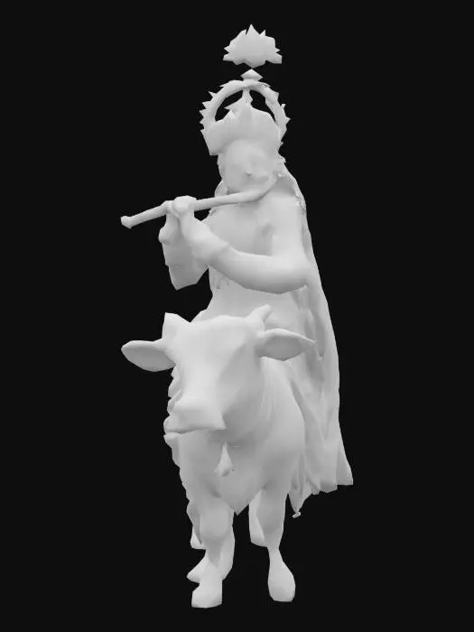 3D model for Lord Krishna playing flute, blue skin, ornate golden crown with peacock feather, yellow silk dhoti, golden jewelry, serene expression. White sacred cow beside him, detailed udders and gentle eyes, golden bell necklace. Pastoral setting with green grass, traditional Indian art style, vibrant colors, photorealistic textures, 8K quality