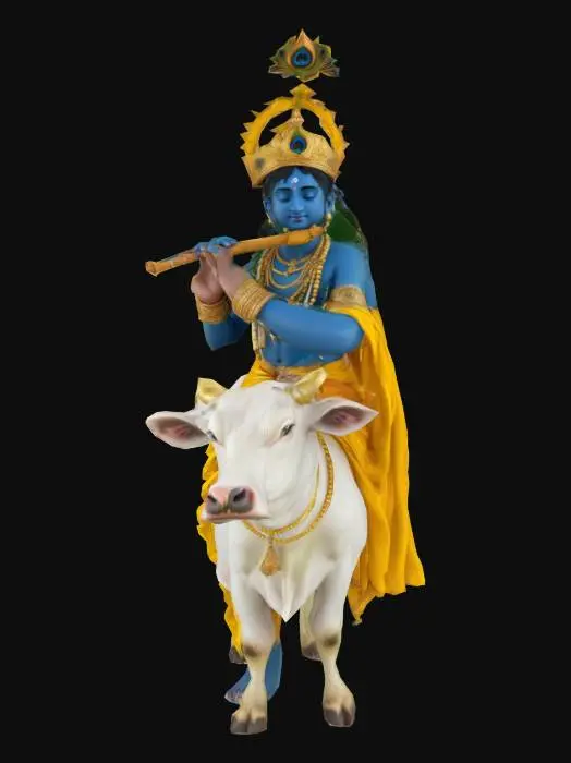 3D model for Lord Krishna playing flute, blue skin, ornate golden crown with peacock feather, yellow silk dhoti, golden jewelry, serene expression. White sacred cow beside him, detailed udders and gentle eyes, golden bell necklace. Pastoral setting with green grass, traditional Indian art style, vibrant colors, photorealistic textures, 8K quality