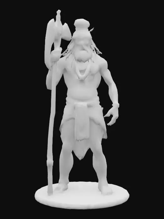 3D model for Parashurama, the warrior incarnation of Lord Vishnu, holding a massive axe with intricate engravings. He has a muscular build with visible battle scars, conveying his fierce nature. His expression is intense and focused, with a beard and long hair tied back. He wears a simple loincloth with realistic folds and a sacred thread across his chest. The axe should be detailed, with a sharp blade and a wooden handle showing signs of wear. The model's skin should have a lifelike texture, with sweat or dirt suggesting recent combat. The pose should be ready for battle, with the axe raised or resting on his shoulder. The style should be hyper-realistic, with ultra-detailed textures for the skin, metal, and fabric.