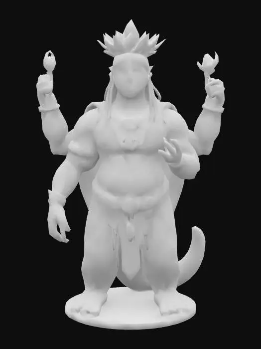 3D model for Create a hyper-realistic 3D model of Kurma Avatar, a majestic deity, half-human and half-turtle, with a serene bluish-grey complexion and long dark hair. Its muscular, four-armed torso blends seamlessly into a large, segmented turtle shell with dark green and brown scutes, leading to a textured, scaly tail and patterned flippers. Adorned with ornate golden armbands, a multi-layered pearl necklace, a golden chest ornament, and a tall, elaborate crown. One hand holds a vibrant pink lotus, another a conch, with two in blessing gestures. A subtle divine glow enhances its presence. Ultra-detailed PBR textures for skin, shell, and metal. The tortoise incarnation of Lord Vishnu, Highly detailed.