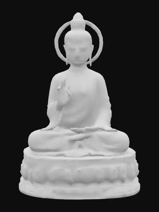 3D model for Create a hyper-realistic 3D model of Buddha seated in the full lotus position (Padmasana) on a simple pedestal with subtle engravings of lotus flowers. The Buddha has a serene expression with half-closed eyes and elongated earlobes. His skin is lifelike with a subtle glow, smooth and polished texture, and a light warm tone. He wears flowing, draped monastic robes in a rich saffron yellow, appearing soft and silky with realistic folds. His hands rest in his lap in the Dhyana Mudra. Behind his head is a vibrant, glowing halo transitioning from red to orange to yellow, symbolizing enlightenment. The model should use ultra-detailed PBR textures for the skin and fabric, with soft, warm lighting to create a peaceful aura.