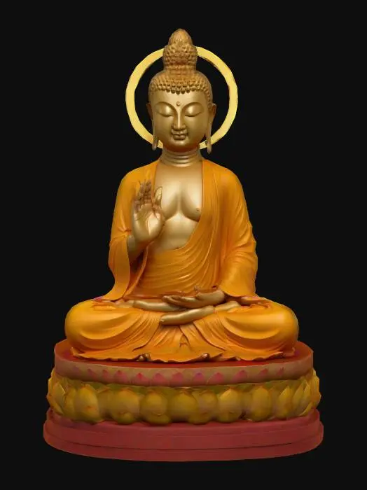 3D model for Create a hyper-realistic 3D model of Buddha seated in the full lotus position (Padmasana) on a simple pedestal with subtle engravings of lotus flowers. The Buddha has a serene expression with half-closed eyes and elongated earlobes. His skin is lifelike with a subtle glow, smooth and polished texture, and a light warm tone. He wears flowing, draped monastic robes in a rich saffron yellow, appearing soft and silky with realistic folds. His hands rest in his lap in the Dhyana Mudra. Behind his head is a vibrant, glowing halo transitioning from red to orange to yellow, symbolizing enlightenment. The model should use ultra-detailed PBR textures for the skin and fabric, with soft, warm lighting to create a peaceful aura.