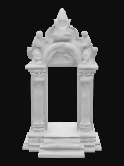 3D model for Traditional Indian temple entrance gateway, two carved sandstone pillars with ornate lotus capitals supporting pointed arch. Intricate floral vine patterns and geometric reliefs on arch spandrels, detailed makara motifs at arch base. Weathered golden sandstone texture, ancient craftsmanship style. Complete structure with stepped base platform, museum quality stonework details, #arch#