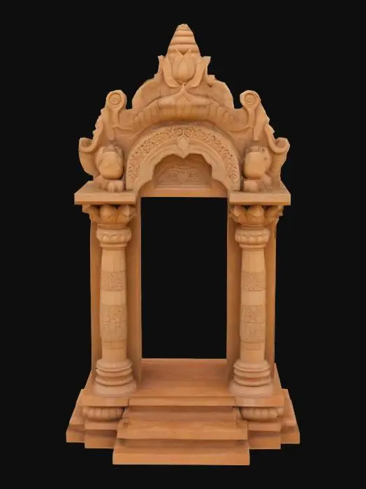 3D model for Traditional Indian temple entrance gateway, two carved sandstone pillars with ornate lotus capitals supporting pointed arch. Intricate floral vine patterns and geometric reliefs on arch spandrels, detailed makara motifs at arch base. Weathered golden sandstone texture, ancient craftsmanship style. Complete structure with stepped base platform, museum quality stonework details, #arch#