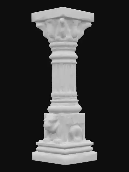 3D model for Complete Dravidian temple pillar, intricately carved sandstone, ornate yali mythical lion at base with open jaws and detailed mane, fluted cylindrical shaft with lotus medallions and scrolling vines, elaborate bracket capital with peacock motifs, traditional South Indian proportions, museum-quality stone carving detail, deep shadow recesses, weathered texture surfaces, ancient craftsmanship, structural completeness, highest polygon density, ready for premium texturing, authentic temple architecture