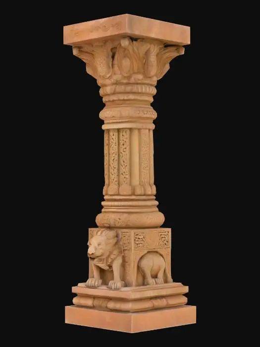 3D model for Complete Dravidian temple pillar, intricately carved sandstone, ornate yali mythical lion at base with open jaws and detailed mane, fluted cylindrical shaft with lotus medallions and scrolling vines, elaborate bracket capital with peacock motifs, traditional South Indian proportions, museum-quality stone carving detail, deep shadow recesses, weathered texture surfaces, ancient craftsmanship, structural completeness, highest polygon density, ready for premium texturing, authentic temple architecture