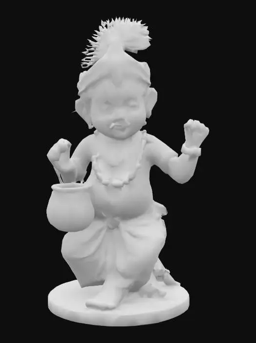 3D model for Sculpted murti of Bal Krishna as a playful child, seated on one knee with a pot of makhan (butter) in his hand. His body is round and childlike, adorned with traditional ornaments: pearl necklace, armlets, and anklets. Wearing a silk dhoti with soft pleats and a waistband. Hair tied in a side bun with a peacock feather. Crafted in polished brass with aged patina on crevices. Makhan pot decorated with lotus motifs. Balanced composition, watertight structure, spiritually expressive and 3D printable.