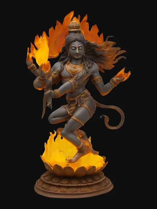 3D model for Sculpted murti of Lord Shiva as Nataraja, dancing within a circular ring of flames. Four arms in traditional poses: front right in abhaya mudra, front left across chest, back right holding damaru, back left holding flame. One leg lifted, the other balanced on Apasmara (dwarf of ignorance). Flowing hair fans outward, crowned head, expressive face. Ring of fire with detailed flame tips and lotus pedestal base. Crafted in antique bronze with aged patina and subtle green oxidation in crevices. High-resolution watertight geometry, museum-grade detail, spiritually dynamic.