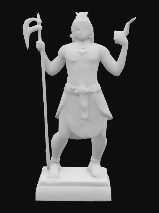 3D model for Chola-style Indian temple guardian sculpture (Dwarapala), standing in alidha pose with broad chest, bent knees, one arm raised in warning mudra, other hand gripping ornate mace. Fierce symmetrical face with bulging eyes, curled mustache, and tall conical crown. Draped stone dhoti with layered folds, chest thread, and deep-carved jewelry bands. Hair tied in sculptural loops, wide stance atop lotus-carved pedestal. Crafted from weathered basalt with visible chisel marks, stylized shadow-ready carvings, clean watertight silhouette. Museum-quality temple icon. #dwarapala