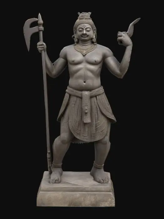 3D model for Chola-style Indian temple guardian sculpture (Dwarapala), standing in alidha pose with broad chest, bent knees, one arm raised in warning mudra, other hand gripping ornate mace. Fierce symmetrical face with bulging eyes, curled mustache, and tall conical crown. Draped stone dhoti with layered folds, chest thread, and deep-carved jewelry bands. Hair tied in sculptural loops, wide stance atop lotus-carved pedestal. Crafted from weathered basalt with visible chisel marks, stylized shadow-ready carvings, clean watertight silhouette. Museum-quality temple icon. #dwarapala